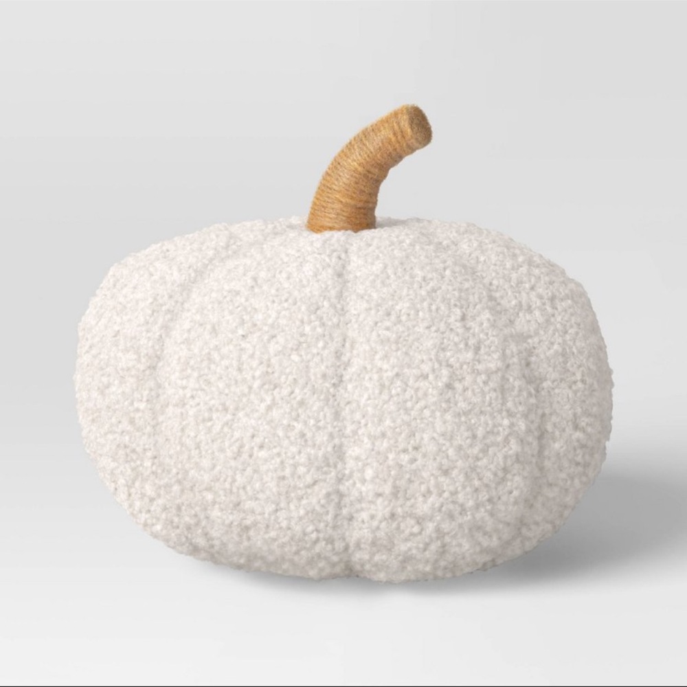 New Large Teddy Boucle Pumpkin Shaped Pillow in Almond by Threshold Fall Decor